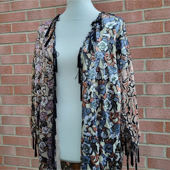 Sterling Styles Burnout Velver Beaded Tassel Fringe Boho Kimono Duster One Size - Picture 2 of 12